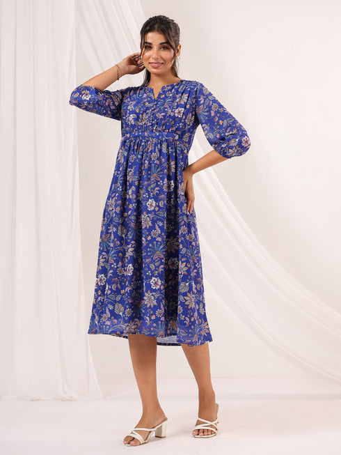 Janasya Women's Blue Georgette Floral Printed A line Dress
